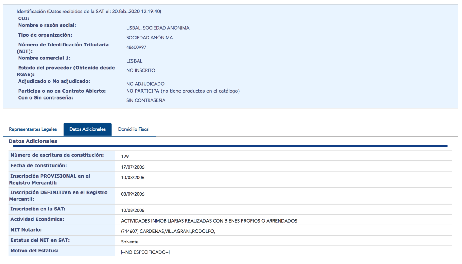 Lisbal, S.A. fue creada en 2006. Y era propiedad de Rodrigo Lainfiesta, fallecido el año pasado. Fuente: Guatecompras.gt 